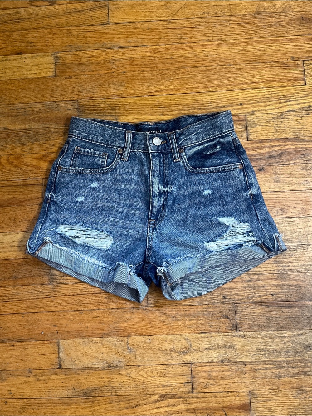 Aeropostale Dark Indigo Distressed Rolled-Hem Jean Shorts